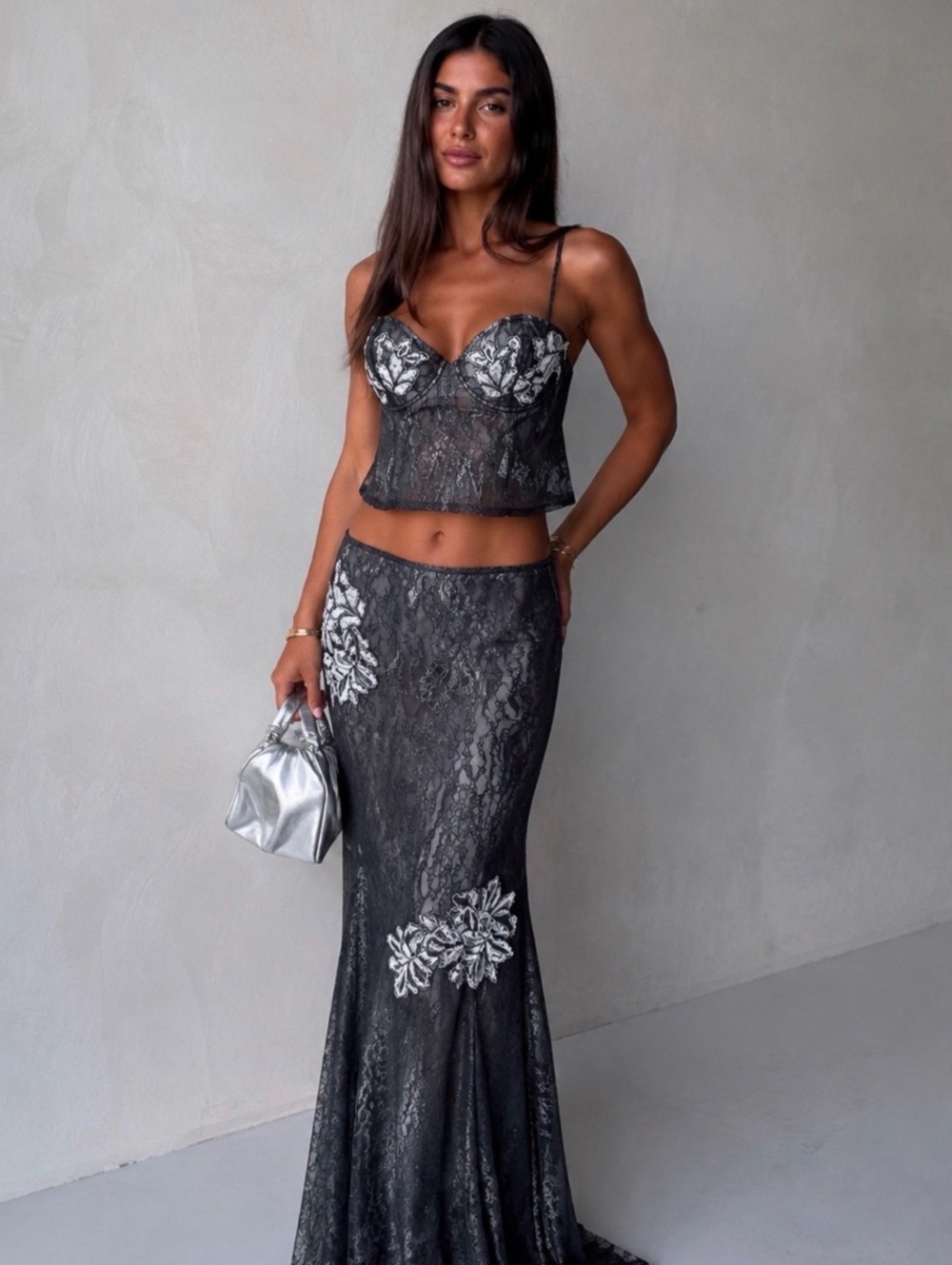 Free People Black Lace Floral Applique Camisole and Maxi Skirt Set, Size M